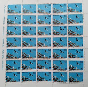 Bird Sanctuary Bharatpur - Painted Storks. Keoladeo Ghana National Park, Bird Sanctuary, Painted Stork, Mycteria leucocephala, Wading Bird, 25 P.  (Hinged/Gum washed stamp Fullsheet-35 Stamps)