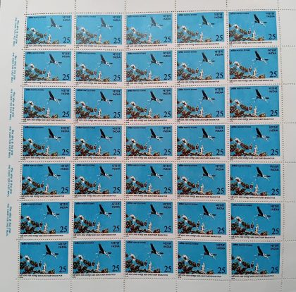 Bird Sanctuary Bharatpur - Painted Storks. Keoladeo Ghana National Park, Bird Sanctuary, Painted Stork, Mycteria leucocephala, Wading Bird, 25 P.  (Hinged/Gum washed stamp Fullsheet-35 Stamps)