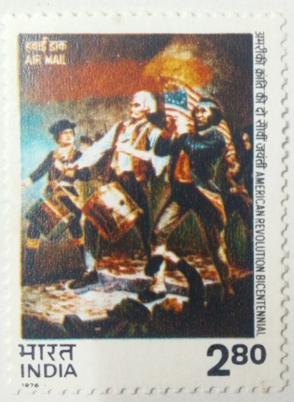 American Revolution Bicentenary. Bicentenary, America, Revolution, Drum, Flag, Independence, Event, Celebration, Airmail Stamp,Rs. 2.80  (Hinged/Gum washed stamp) | Indian Postage Stamps | Indian Coins | Old Indian Currency | Rare Indian Coins | Numismatic Collection India