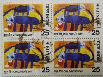 Childrens Day. Childrens Day, Painting, Cat,(Used Block of 4 stamp)