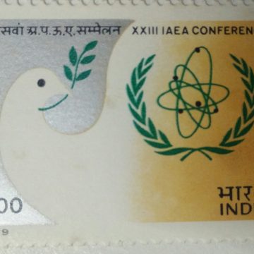 23rd International Atomic Energy Agency Conference. Atomic Energy, Conference, Dove, Emblem, Olive Wreath, Kotinos, Atom, Orbit, Rs. 1  (Hinged/Gum washed stamp)