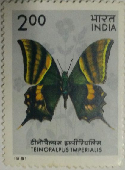 Butterflies - Teinopalpus Imperialis. Swallowtail Butterfly, Teinopalpus imperialis, Kaiser-i-Hind,Rs. 2  (Hinged/Gum washed stamp) | Indian Postage Stamps | Indian Coins | Old Indian Currency | Rare Indian Coins | Numismatic Collection India