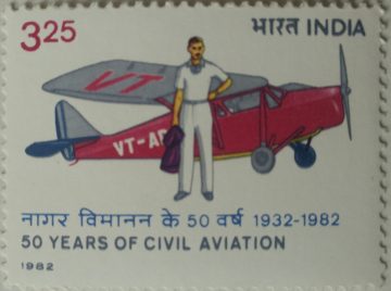 50 Years of Civil Aviation in India. Air Craft, Civil Aviation, Personality, J.R.D. Tata, Aviator, Pilot, Businessman, Puss Moth, Bharat Ratna, Rs. 3.25 (Hinged/Gum washed stamp)