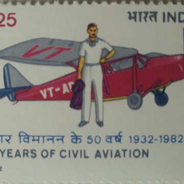 50 Years of Civil Aviation in India. Air Craft, Civil Aviation, Personality, J.R.D. Tata, Aviator, Pilot, Businessman, Puss Moth, Bharat Ratna, Rs. 3.25  (Hinged/Gum washed stamp)