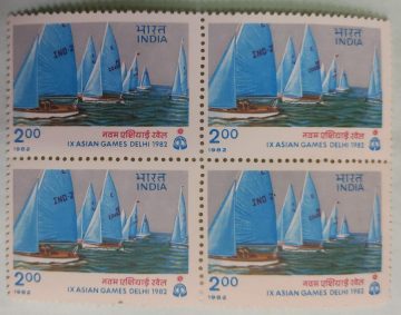 IX Asian Games, New Delhi. Sports, Asian Games, Emblem,Enterprise Dinghle's Race(Block of 4 stamp)