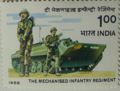 Presentation of colours to the Mechanised Infantry Regiment  (Hinged/Gum washed stamp) | Indian Postage Stamps | Indian Coins | Old Indian Currency | Rare Indian Coins | Numismatic Collection India
