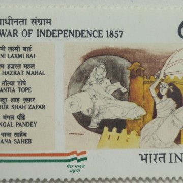 First War of Independence 1857 Independence, War, M. F. Hussain, Painting, Rani Laxmibai, Freedom Fighters, Tricolour Design 60 P. Commemorative  (Hinged/Gum washed stamp)