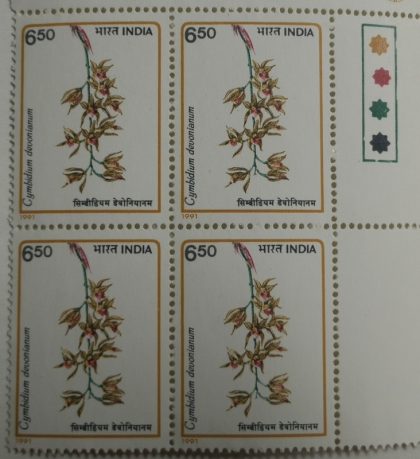 Orchids of India Orchid, Flowering Plant, Cymbidium devonianum, Boat Orchids (Block of 4 TL Stamp) | Indian Postage Stamps | Indian Coins | Old Indian Currency | Rare Indian Coins | Numismatic Collection India