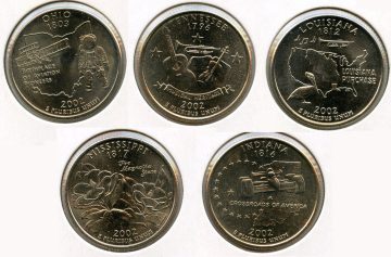 United States Quarter Dollars Set of  5 State Coins 2002 UNC