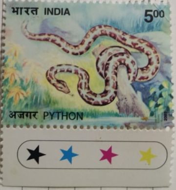 Nature India Snakes , Thematic Python Snake, Rs 5 (Traffic Light Stamp)
