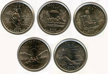 United States Quarter Dollars Set of  5 State Coins 2003 UNC Old Foreign Coins | Rare Foreign Coins | Numismatic Collection