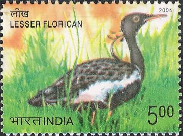 Endangered Birds of India, Lesser Florican, Sypheotides indica (Hinged/Gum washed stamp)
