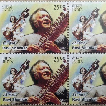 Indian Musicians - Ravi Shankar Personality, Indian Classical Music, Music Composer, Sitar, Grammy Award Rs. 25(Block of 4 TL Stamp)