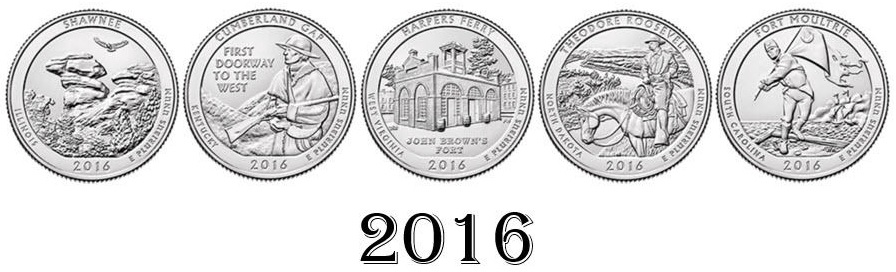 2016 Set of 5 National Park Quarter Coins Coin Set Brilliant Uncirculated