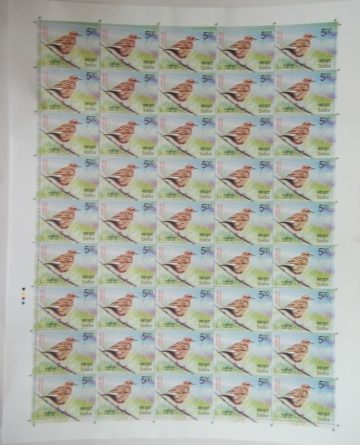 Vulnerable Birds. Nilgiri pipit Rs.5 - MNH (Full sheet - 45 stamps)