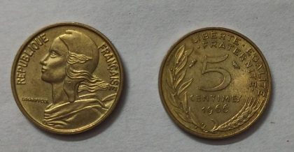5 Centimes 1966 Liberte Egalite Fraternite (used) | Indian Postage Stamps | Indian Coins | Old Indian Currency | Rare Indian Coins | Numismatic Collection India