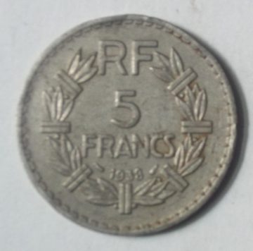 5 Francs RF 1938Francaise Repvbliqve (used)