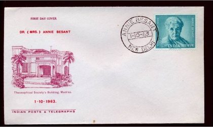 First Day Cover? 01 Oct.'63 Annle Besant. (fdc-1963) | Indian Postage Stamps | Indian Coins | Old Indian Currency | Rare Indian Coins | Numismatic Collection India