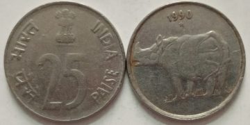 25 PAISE-1990_USED_1 NO (HYDERABAD MINT)