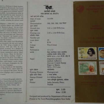 Linguistic Harmony of India.(Ramdhari Sinha 'Dinkar',Jhaverchand KalidasMeghani,Rambriksh Benipuri & Statue of Horse, Kazi Nazrul Islam pen & Village Scene. (BR)