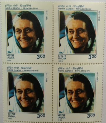 Indira Gandhi - Priyadarshini. Personality, Politician, Prime Minister, Indian National Congress, Anniversary, People Rs. 3 (Block of 4 stamp)