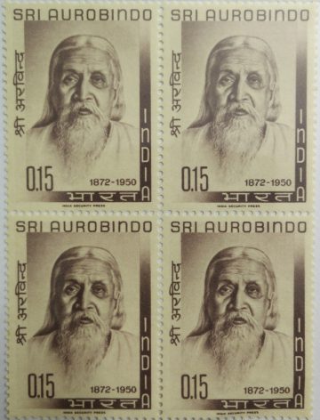 15 Aug. 64 Sri Aurobindo. Personality, Freedom Fighter, Philosopher, Spiritual Reformer, 15 P. (Block of 4 stamp)(Hinged Block of 4)