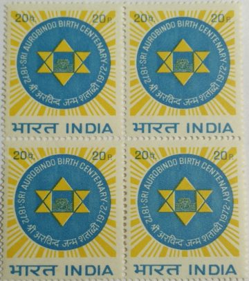 Sri Aurobindo. Personality, Freedom Fighter, Philosopher, Yogi, Maharishi, Poet, Spiritual Reformer, Birth Centenary, Symbol, Lotus, 20 P. (Block of 4)