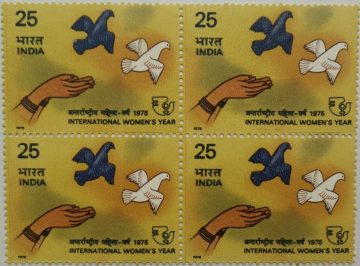 International Womens Year Women, Event, Dove, Pigeon, Hands, Emblem, 25 P. (Hinged Block of 4)