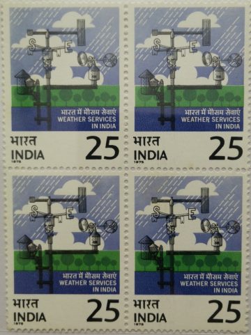 Weather Services in India. Meteorology, Weather, Meteorological Instruments, Rain, 25 P. (Hinged Block of 4)