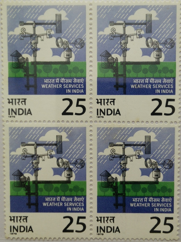 Weather Services in India. Meteorology, Weather, Meteorological Instruments, Rain, 25 P. (Hinged Block of 4)