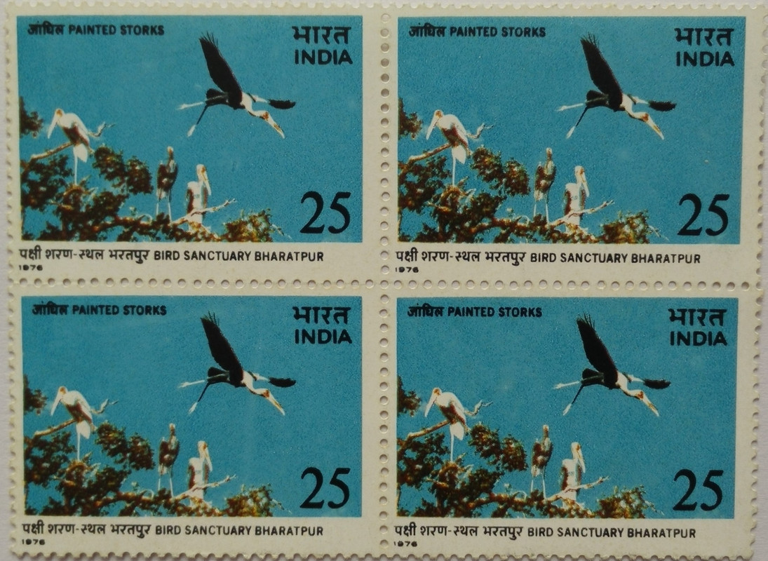 Bird Sanctuary Bharatpur - Painted Storks. Keoladeo Ghana National Park, Bird Sanctuary, Painted Stork, Mycteria leucocephala, Wading Bird, 25 P. (Hinged Block of 4)