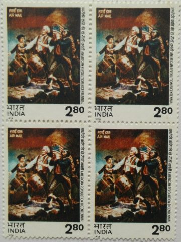 American Revolution Bicentenary. Bicentenary, America, Revolution, Drum, Flag, Independence, Event, Celebration, Airmail Stamp,Rs. 2.80 (Hinged Block of 4)