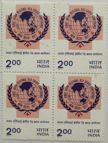 First Asian Regional Red Cross Conference. Red Cross, Conference, Globe, Emblem, Olive Wreath, Kotinos, Rs. 2 (Block of 4 stamp)