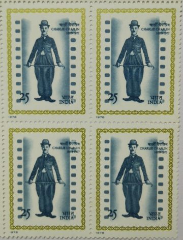 Charlie Chaplin. Personality, Cinema, Comic Actor, Film Director, Film Producer, Screenwriter, Editor, Composer, Cap, Headgear, Stick, Costume, 25 P. (Block of 4 stamp)