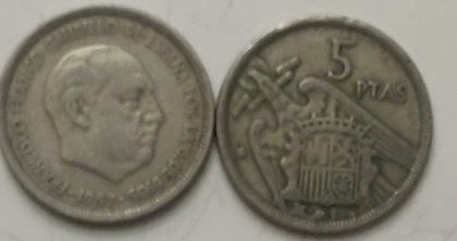 1957 5 Pesetas Franco (used) | Indian Postage Stamps | Indian Coins | Old Indian Currency | Rare Indian Coins | Numismatic Collection India