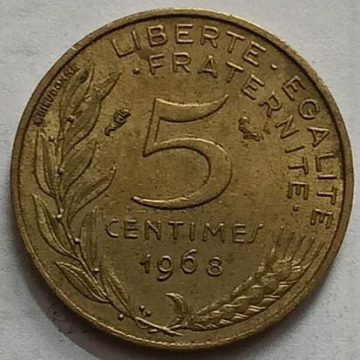 5 Centimes 1968 Liberte Egalite Fraternite (used)