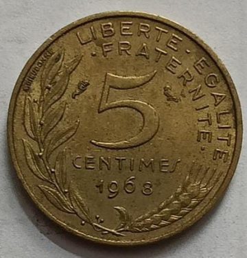 5 Centimes 1968 Liberte Egalite Fraternite (used)