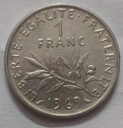 1 Franc 1969 Liberte Egalite Fraternite (used) | Indian Postage Stamps | Indian Coins | Old Indian Currency | Rare Indian Coins | Numismatic Collection India