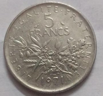 5 Francs 1971 Liberte Egalite Fraternite (used)