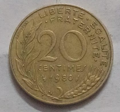 20 Centimes 1980 Liberte Egalite Fraternite (used) | Indian Postage Stamps | Indian Coins | Old Indian Currency | Rare Indian Coins | Numismatic Collection India