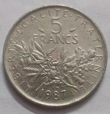 5 Francs 1987 Liberte Egalite Fraternite (used)