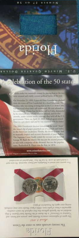 United States Quarter Dollar Florida State 2 Coins (# 27/50) UNC - Image 3