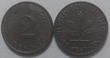 GERMANY 2 PFENNIG 1967 (USED)