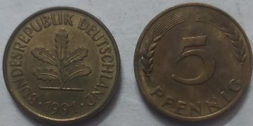 GERMANY 5  PFENNIG 1991 (USED)