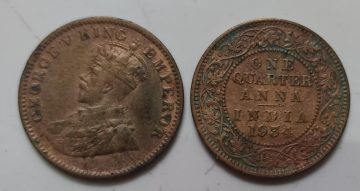 British India Coin GEORGE V-1 QUARTER ANNA 1934(Used)(COPPER)