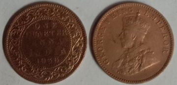 British India Coin GEORGE V-1 QUARTER ANNA 1936(used)(COPPER)