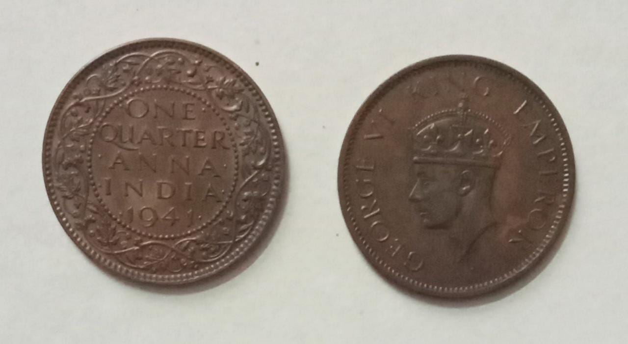 British India Coin GEORGE VI-1 QUARTER ANNA 1941(used)(COPPER)