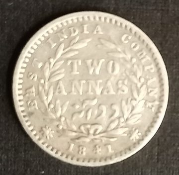 British India Coin Victoria Queen 2 Anna 1841_Used SILVER COIN