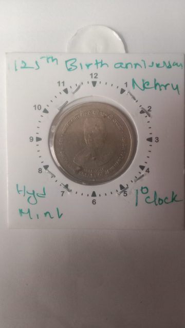 5 Rupees - 125th Ann. Of Jawaharlal Nehru HYDERABAD MINT 1'O CLOCK ROTATION ERROR COIN USED