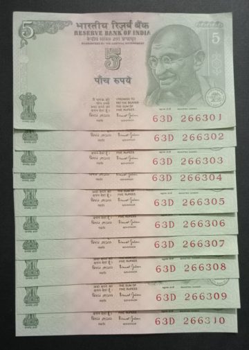 5 Rupees Governor Bimal Jalan Inset Plain (UNC) 10 Notes